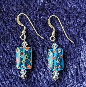 Vintage 925 Sterling Silver Millefiori Murano Glass Floral Drop Earrings